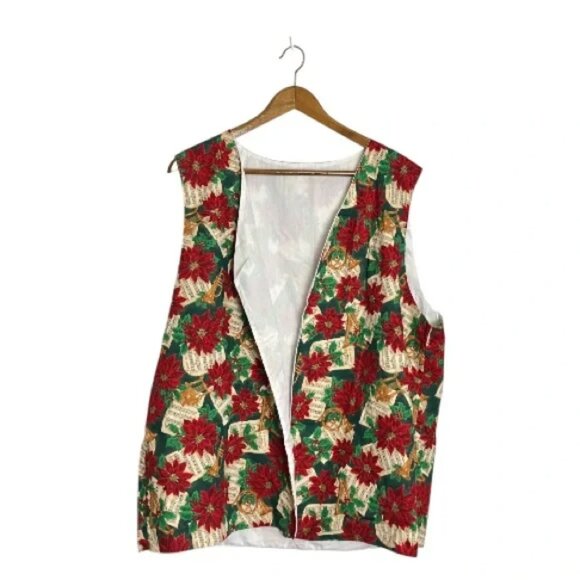 Vintage handmade Holiday Music Poinsettia Open Vest Ugly Christmas Sweater - Picture 1 of 5